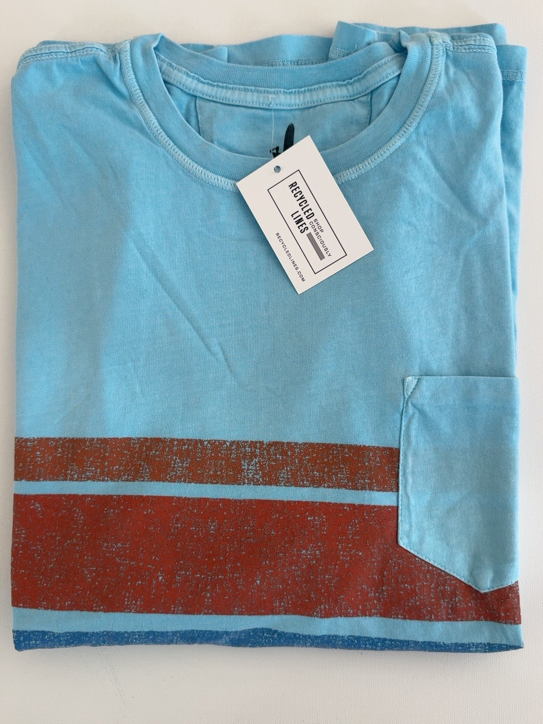 Johnnie-O light blue short sleeve pocket tee with distressed red and blue horizontal stripes, men's large