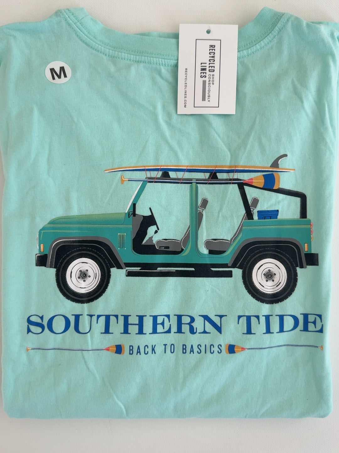 Southern Tide mint green tee with Jeep and paddleboards graphic, men's medium