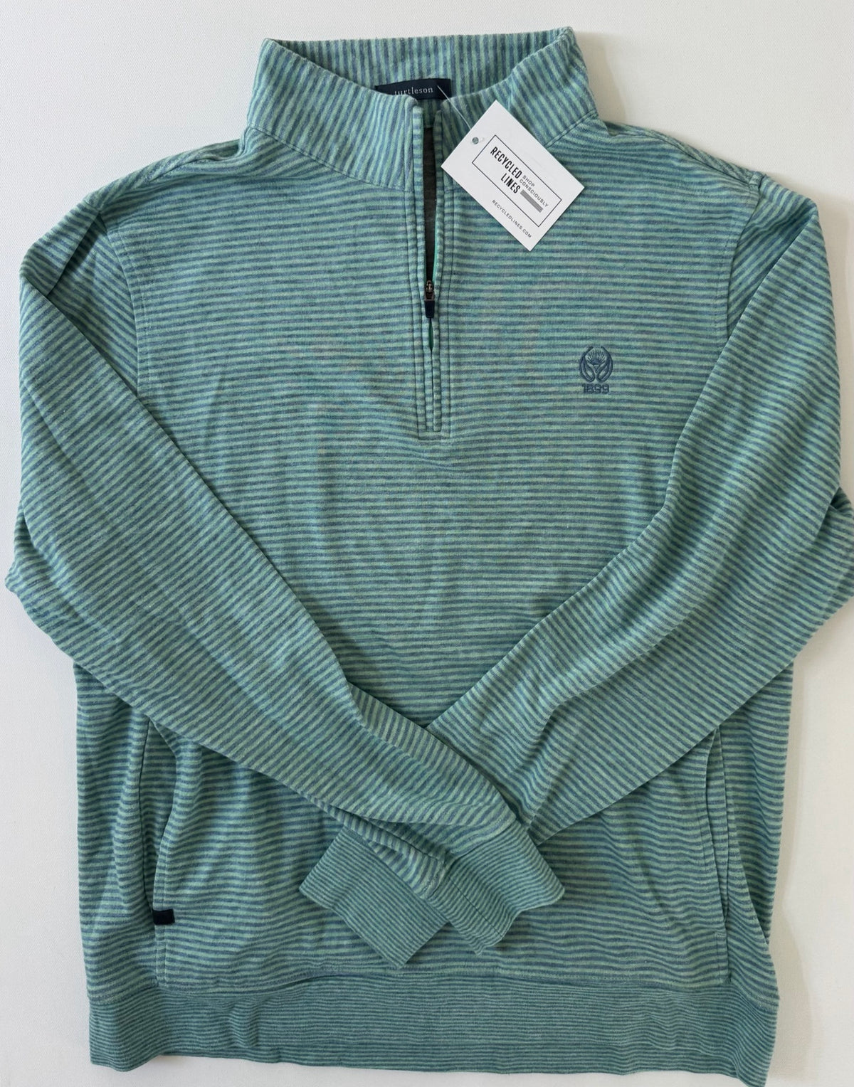 Turtleson mint and blue striped quarter zip pullover men's size M front view