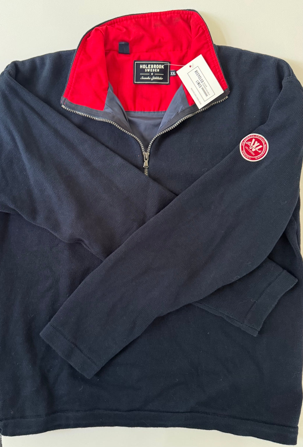 Holebrook navy quarter zip sweater with red collar men's size XXL front view