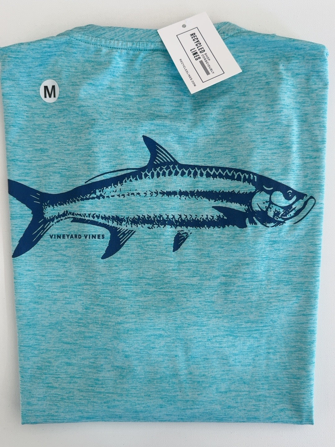 Vineyard Vines teal performance tee men's medium with navy tarpon fish graphic