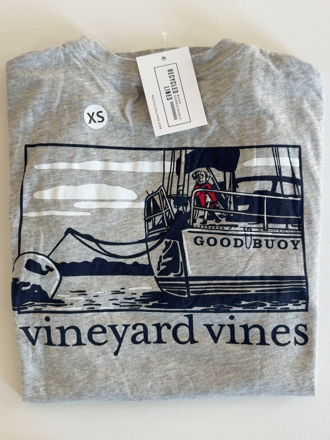 Vineyard Vines Good Buoy gray graphic tee men's XS folded front view