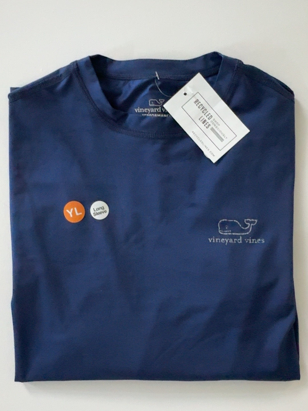 Vineyard Vines navy long sleeve performance tee, boys large, folded front view