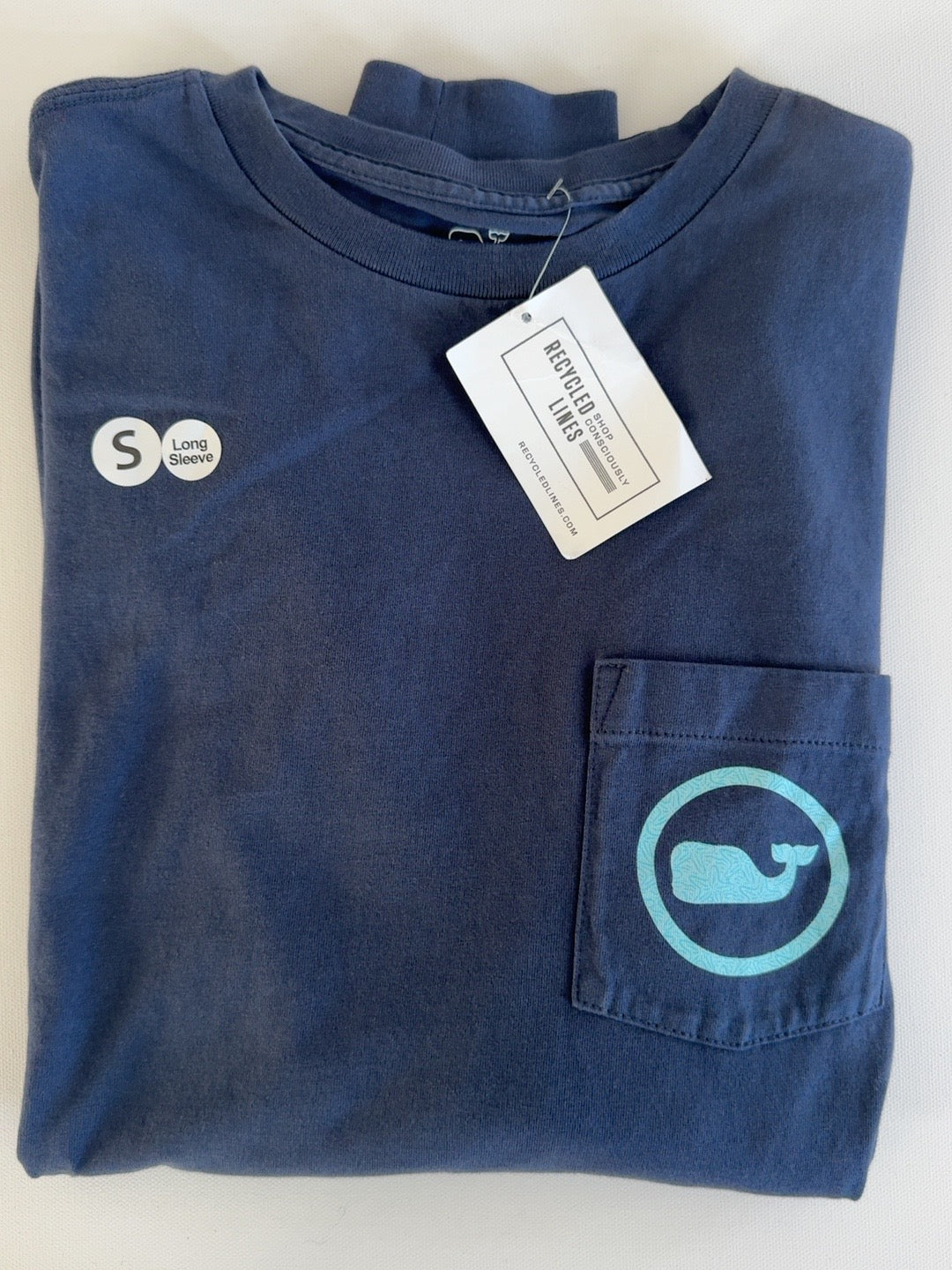 Vineyard Vines navy long sleeve pocket tee men's small with turquoise whale logo