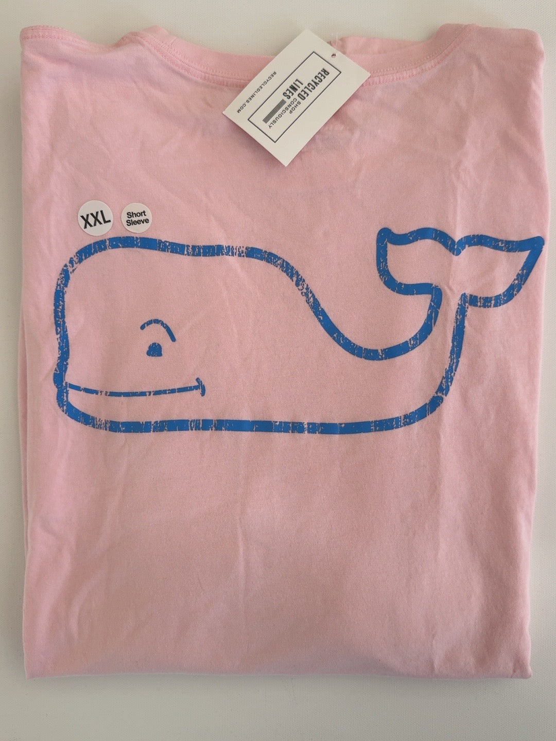 Vineyard Vines pink short sleeve tee with blue outline whale, men's XXL
