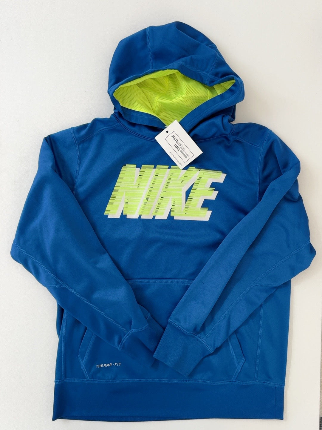 Nike blue Therma-FIT hoodie with neon yellow logo boys large