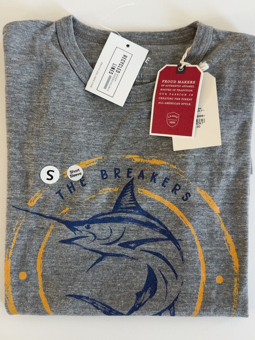 League 91 The Breakers marlin graphic gray short sleeve tee, men's small, new with tags
