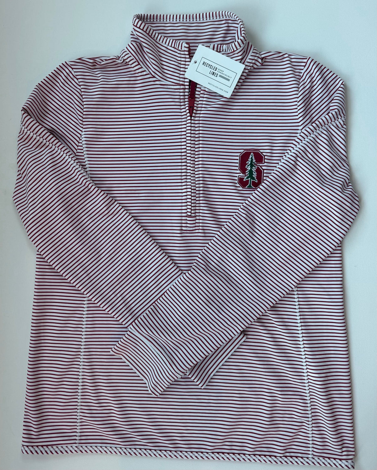 Vineyard Vines Stanford red and white striped quarter-zip pullover, men's small, front view