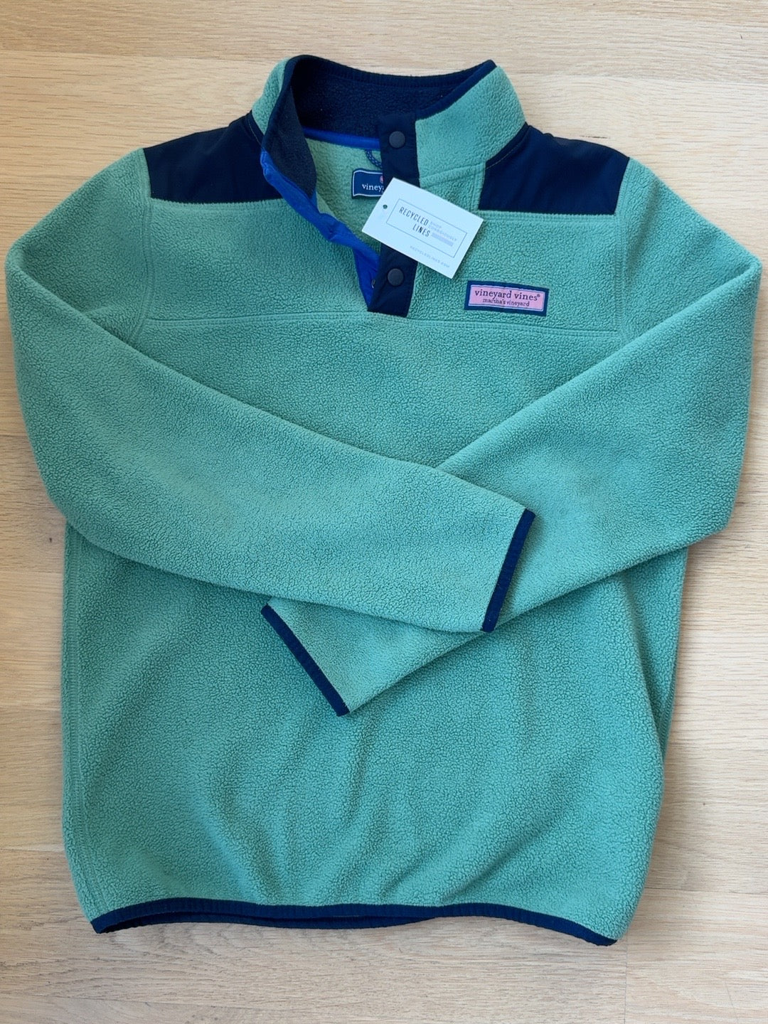 Vineyard Vines green and navy fleece snap pullover boys size L 16