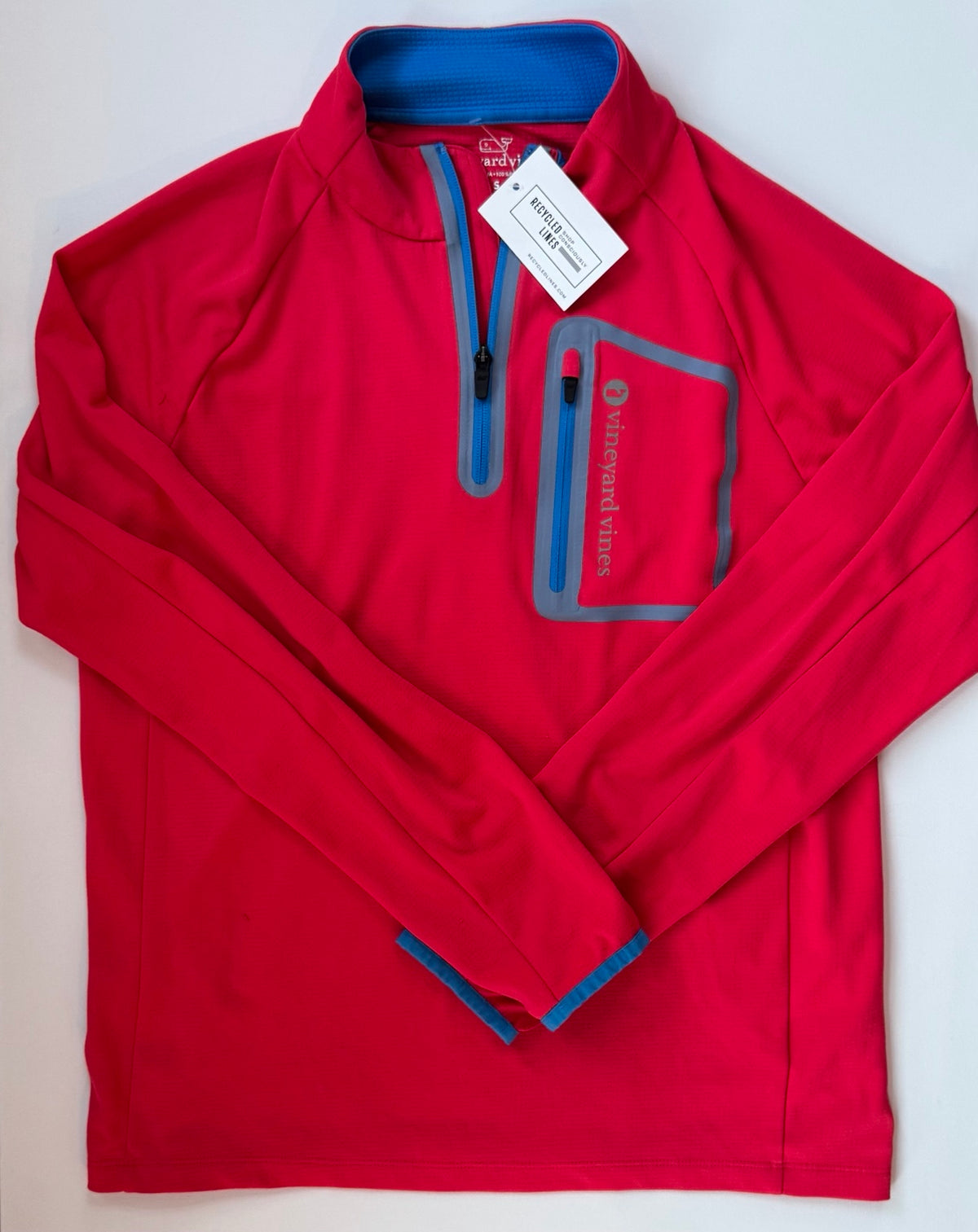 Vineyard Vines red performance quarter-zip pullover with blue zipper accents, men's size small, front view