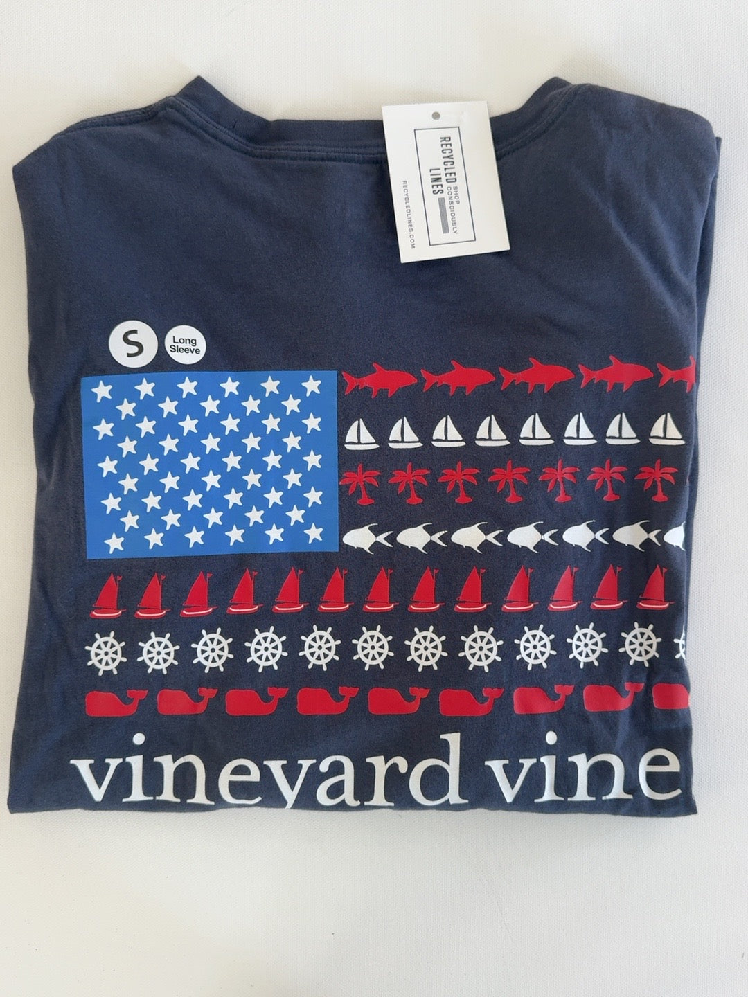 Vineyard Vines nautical American flag graphic navy long sleeve tee, men's small