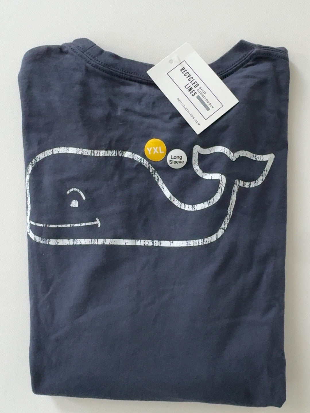 Original photo of navy Vineyard Vines boys XL 18 long sleeve tee with distressed white whale graphic