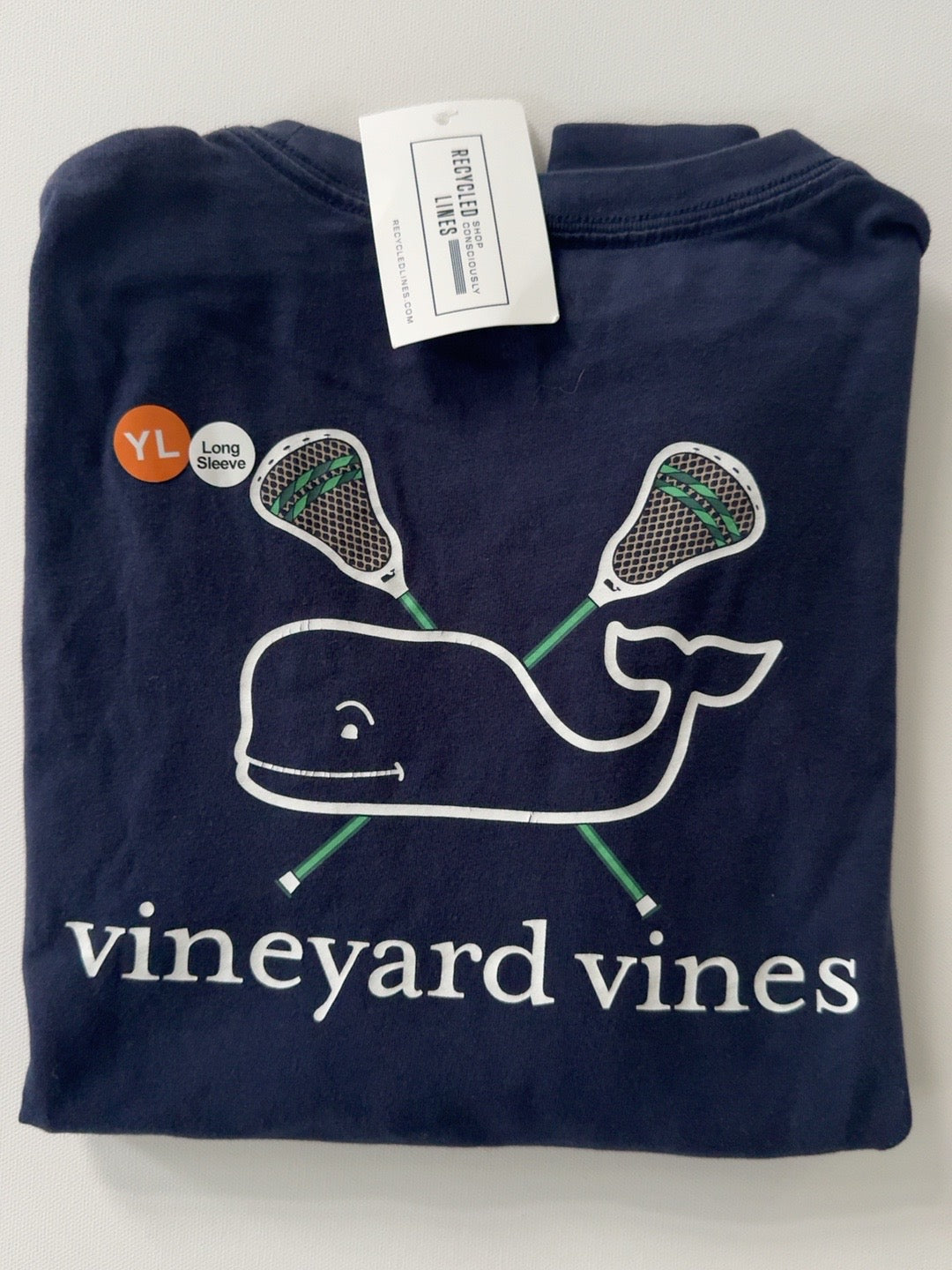 Vineyard Vines navy lacrosse whale long sleeve tee boys L 16