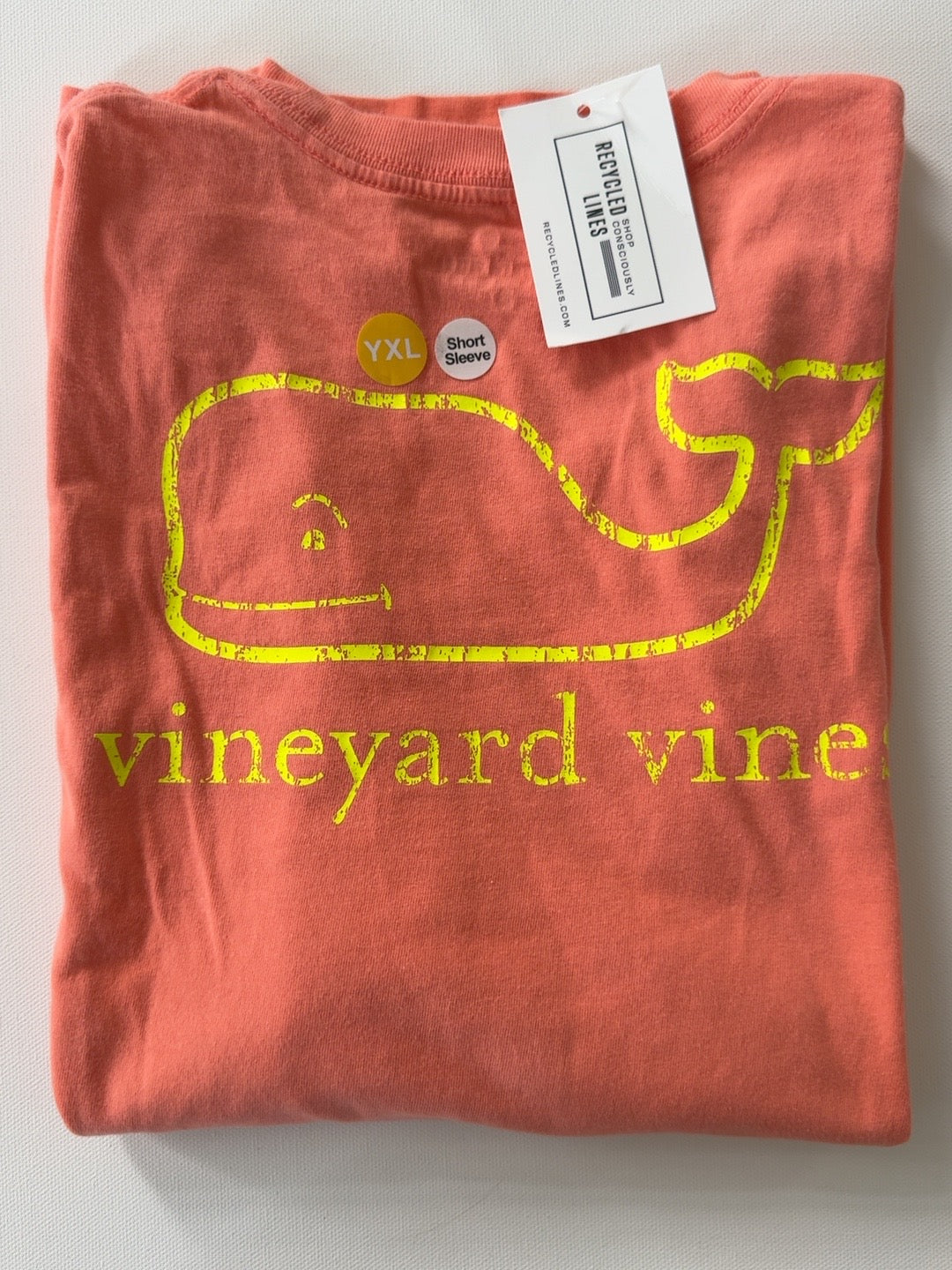 Original product photo of orange coral Vineyard Vines boys XL short sleeve tee with bright yellow whale graphic