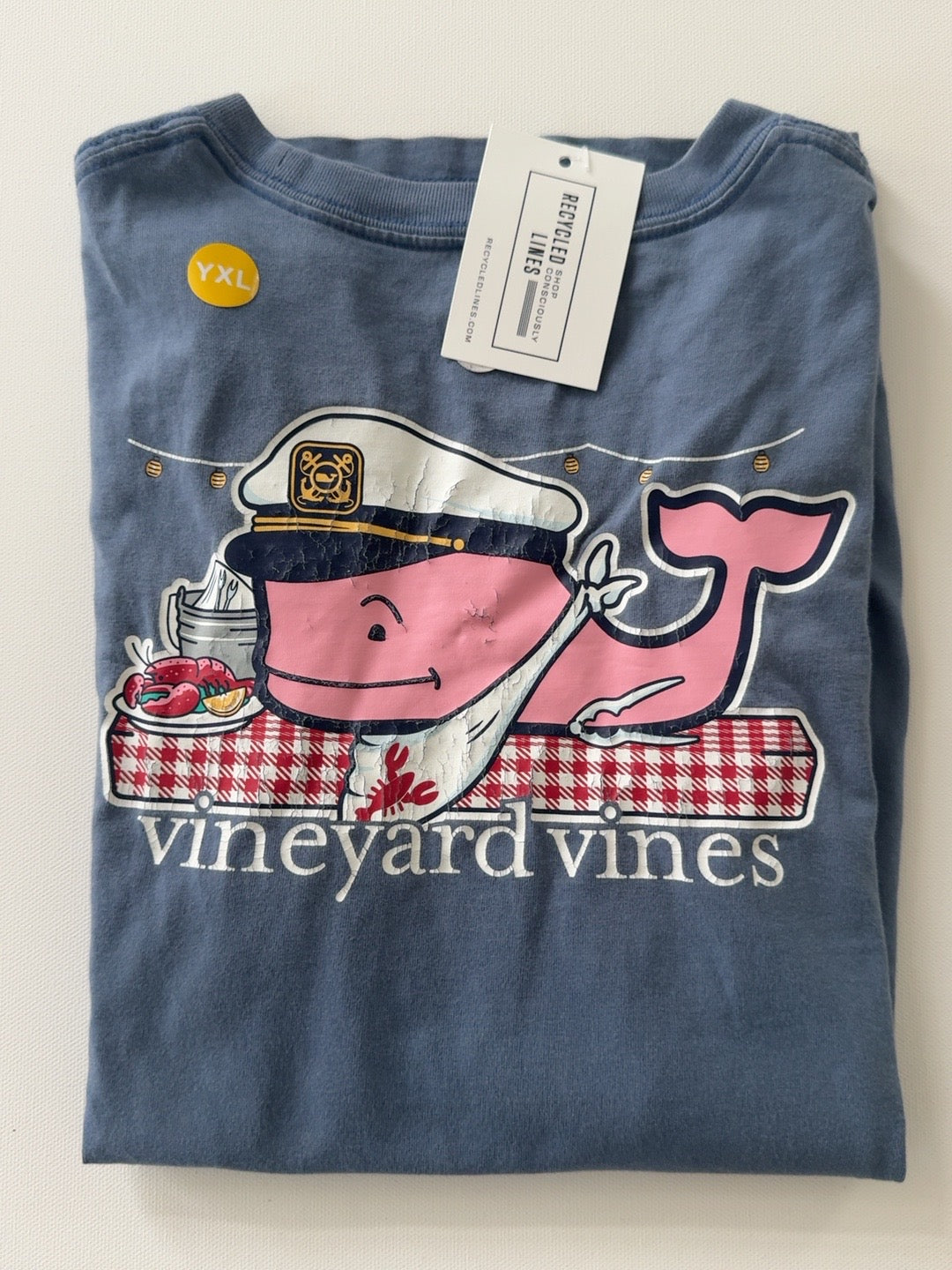 Original photo of blue Vineyard Vines Captain Lobster tee boys XL 18 with pink captain whale and lobster picnic graphic
