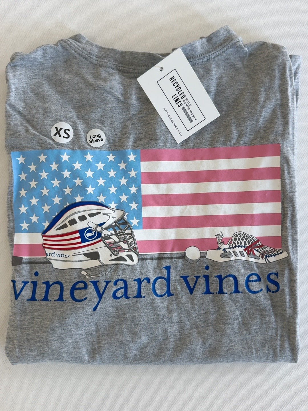 Vineyard Vines USA lacrosse graphic tee gray men's XS folded front view