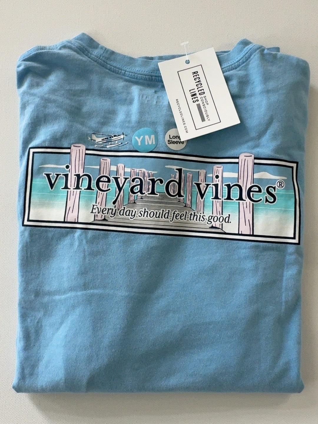 Vineyard Vines light blue pier graphic long sleeve tee boys medium 12-14, actual product photo