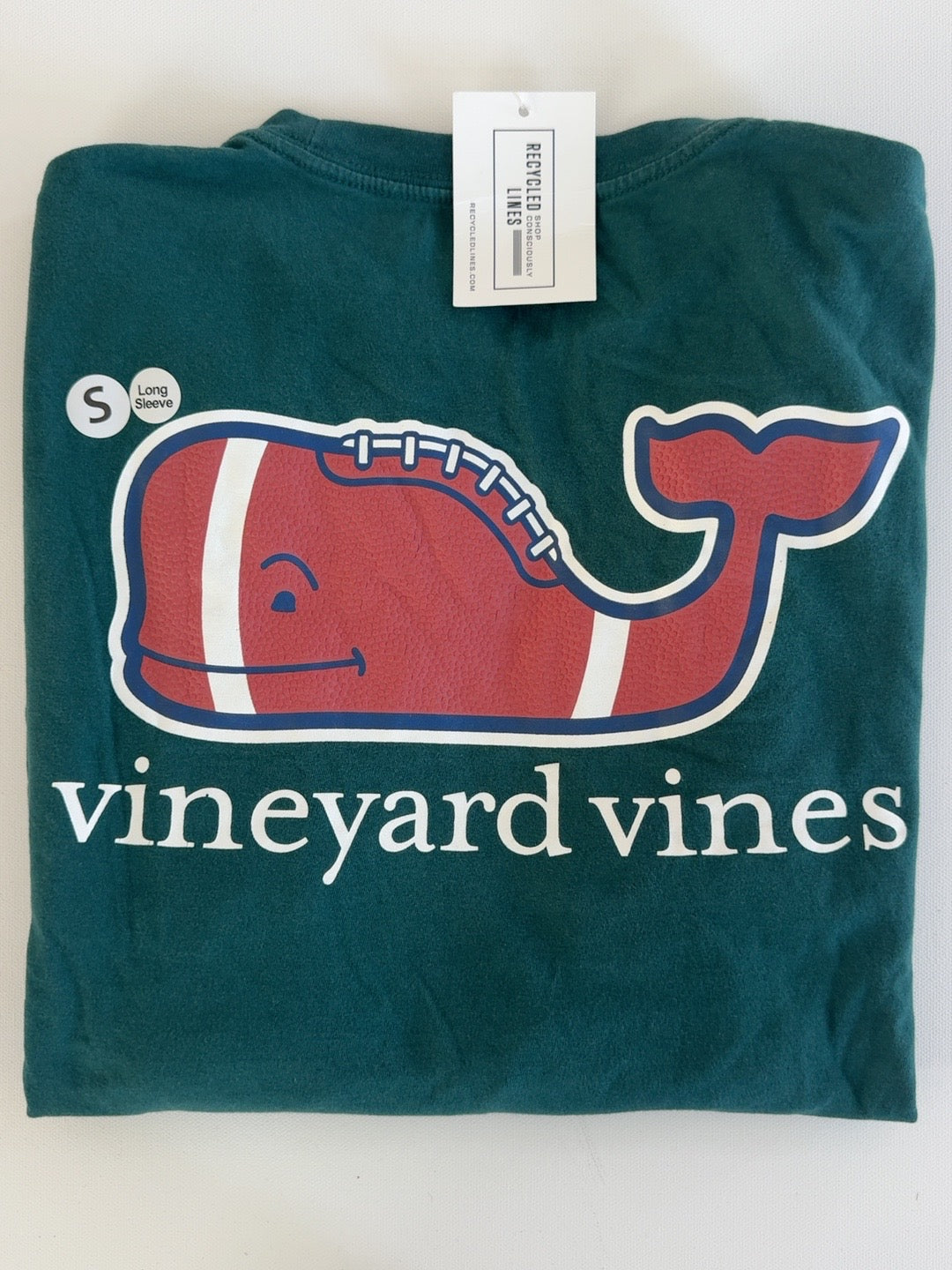 Vineyard Vines green long sleeve football whale graphic tee, men's small