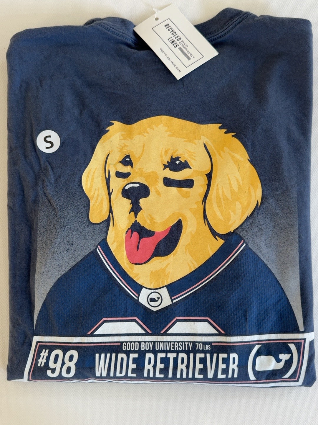 Vineyard Vines Wide Retriever golden retriever football graphic navy tee, men's small