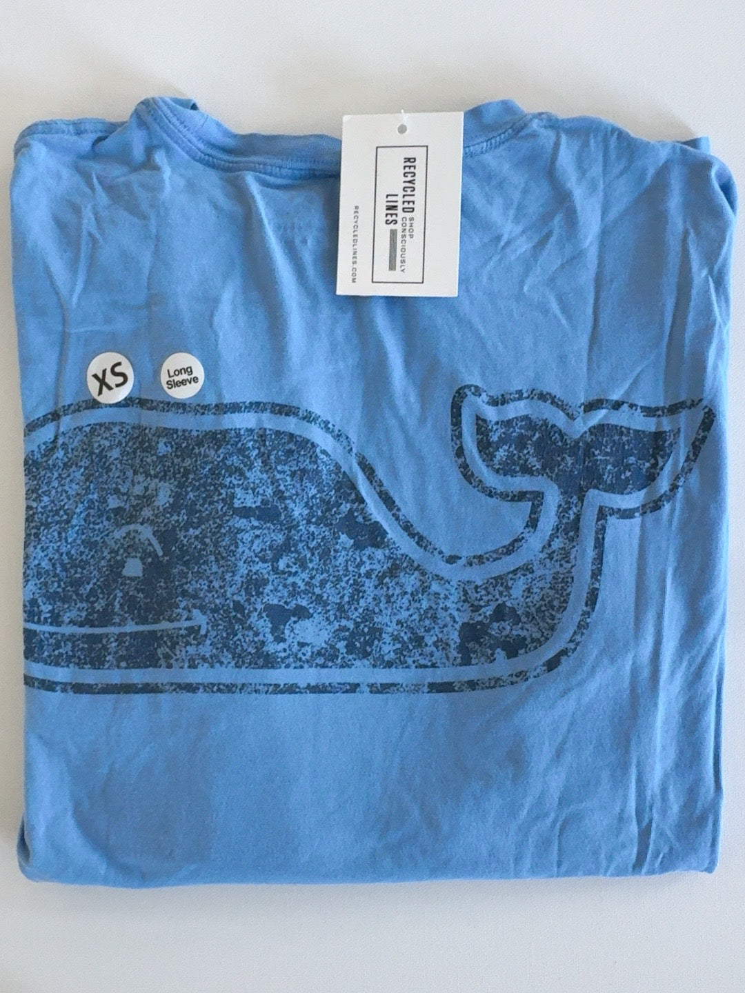 Vineyard Vines blue long sleeve whale graphic tee men's XS folded front view