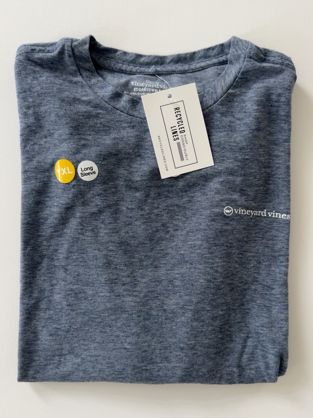 Original photograph of Vineyard Vines Edgartown heather navy long sleeve boys XL shirt with small white chest logo