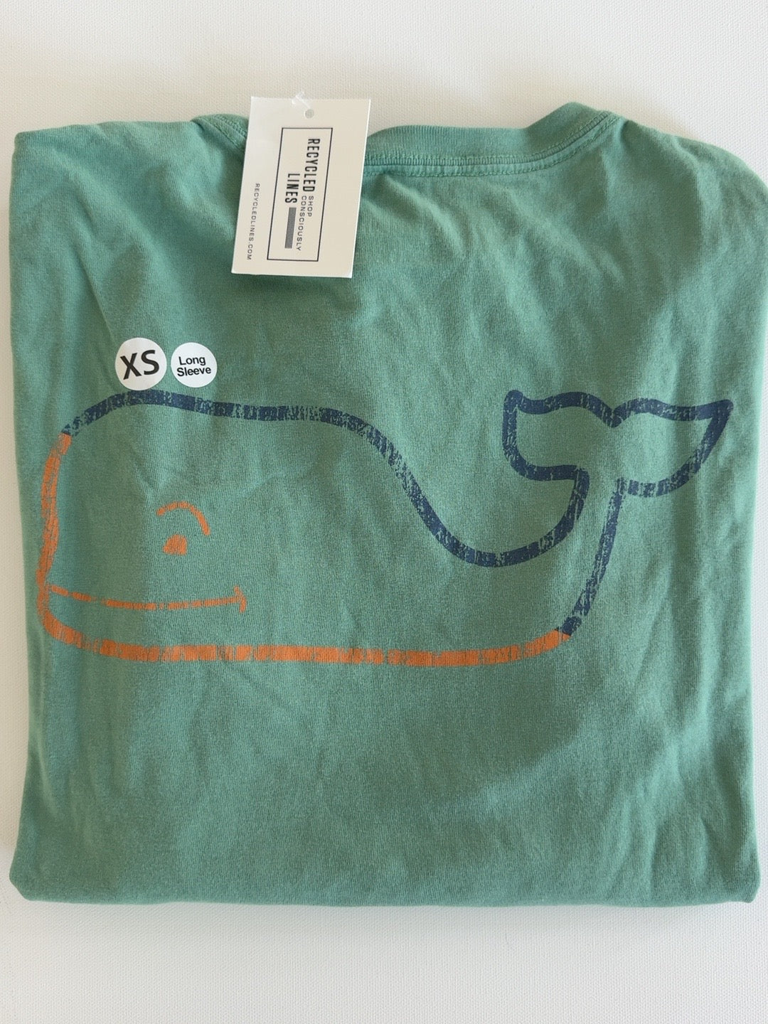 Vineyard Vines green long sleeve whale graphic tee men's XS folded front view